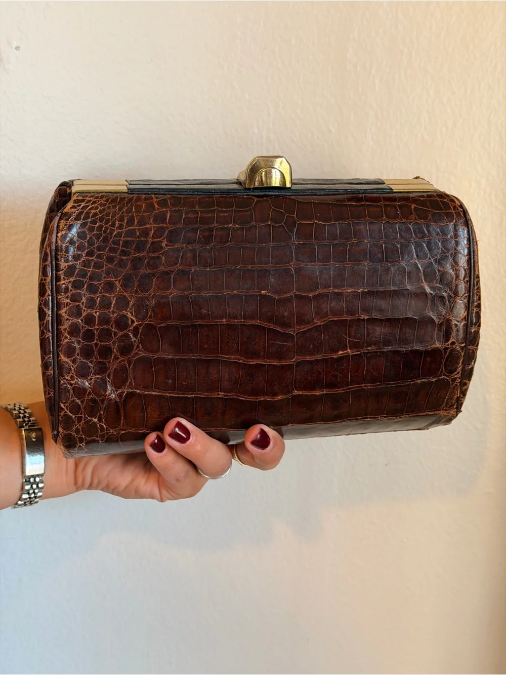 Vintage Alligator-Embossed Brown Leather Clutch